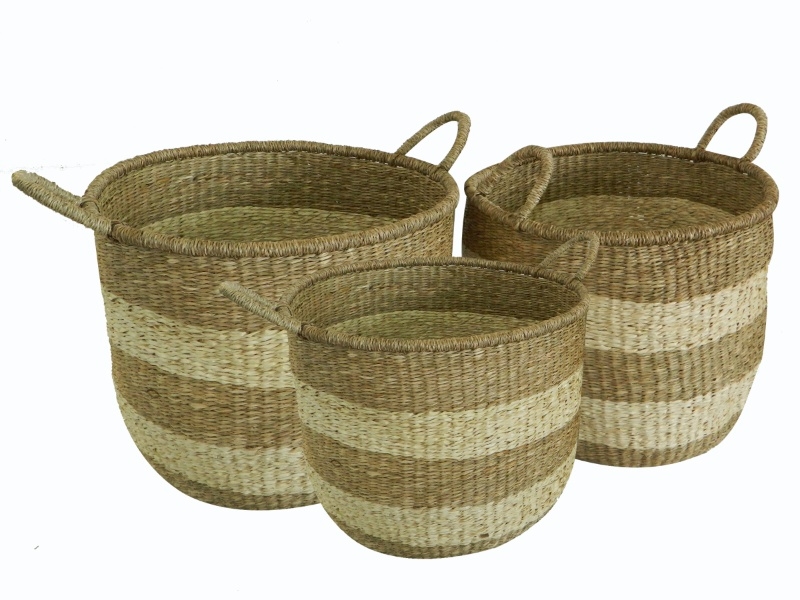 Refined Seagrass Storage Baskets with Integrated Handles - Eco-friendly Home Organization Set